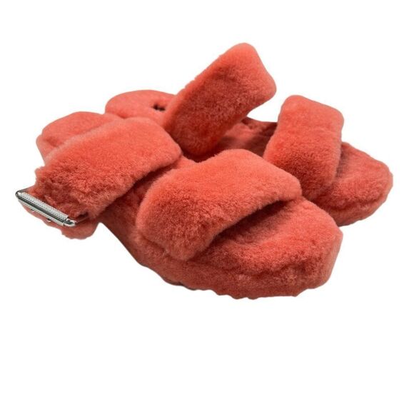 UGG Fuzz Yeah Sheepskin Sherpa Double Buckle Sandals Coral Pink Size 9 - Picture 4 of 11